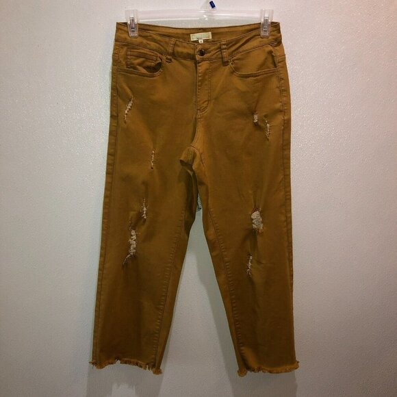 Turquoise Haven Size 1X Mustard Brown Distressed Frayed Hem Straight Jeans Pants - Picture 4 of 10